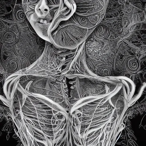 Prompt: a beautiful detailed photo of a centered full body rotten woman corpse morphing into fractal plants and fractal flowers and mushrooms, face muscles, veins, anatomical, intricate, ornate, volumetric light, beautiful lit, beetlejuice