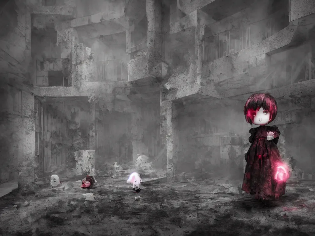 Image similar to cute fumo plush girl ghosts playing in a mysterious concrete wartorn brutalist ruin infected by strands of red parasitic fungus, chibi gothic maiden in tattered rags, dramatic three point lighting, glowing wisps of hazy smoke and volumetric fog swirling about, vray