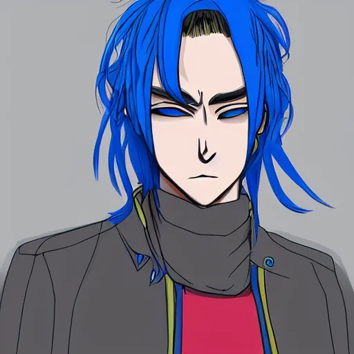 Image similar to concept art of a man with blue hair, anime style