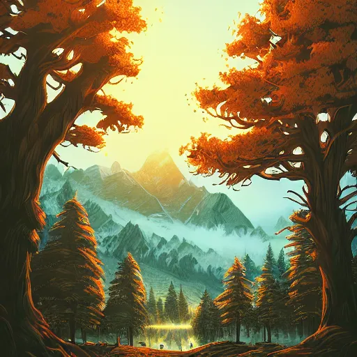 Image similar to a beautiful landscape with trees and mountains, by dan mumford, artstation, behance, highly detailed, concept art, dramatic lighting, magic hour lighting