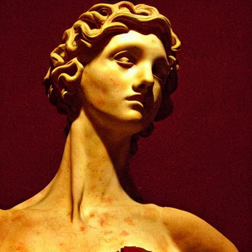 Prompt: sculpture of a woman, gloomy, blood, fire, intricate, elegant, highly detailed, sculpture art by michelangelo