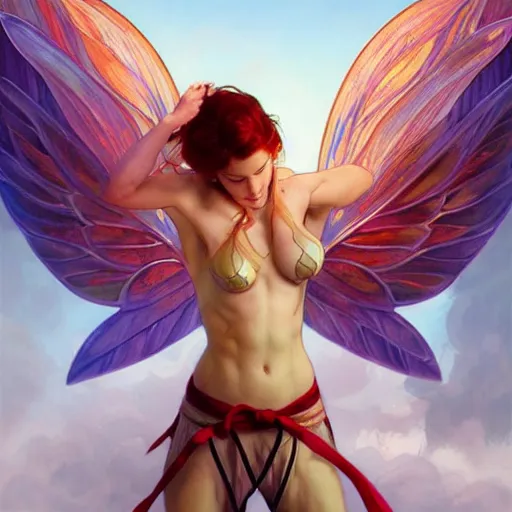 Image similar to beautiful natural fairy winged redhead martial artist karate fey fae muscular body shortsword summer smirk, kung fu, vivid colors, intricate, elegant, highly detailed, digital painting, artstation, concept art, smooth, sharp focus, illustration, art by artgerm and greg rutkowski and alphonse mucha and loish and wlop