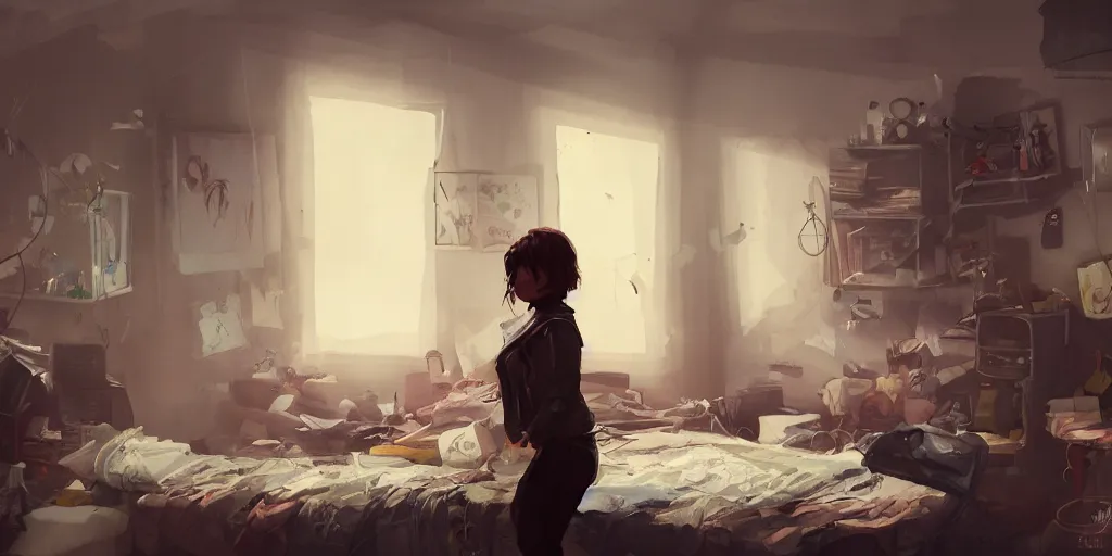 Prompt: an environmental concept art of an angsty female teen in her cluttered bedroom, highly detailed, cinematic, dramatic lighting, directional lighting, close shot by francis tneh