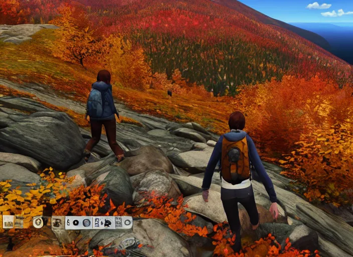 Image similar to friends hiking franconia ridge new hampshire in autumn, life is strange ps 3 gameplay ( 2 0 1 5 ), unreal engine