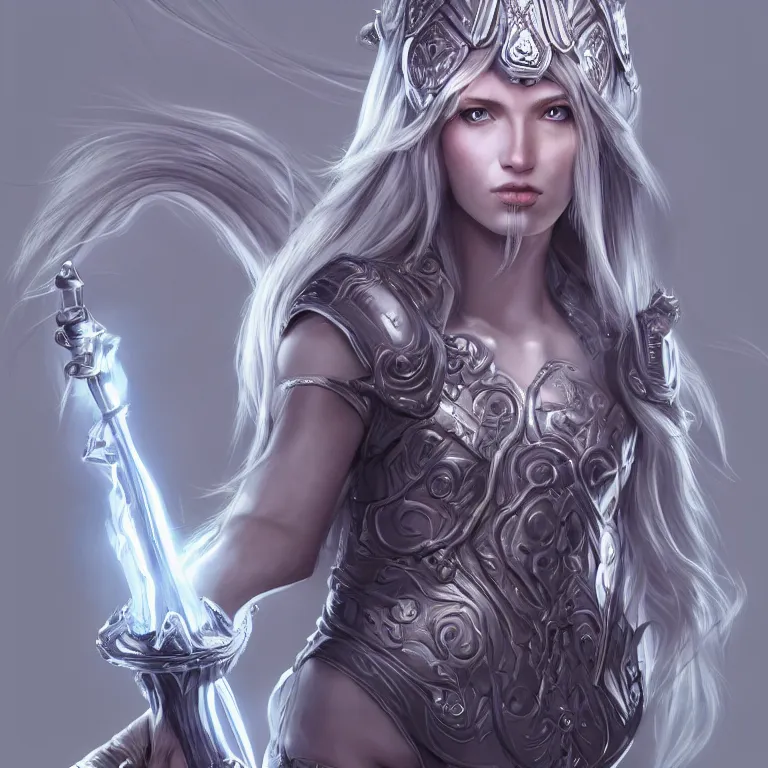 Image similar to portrait anthropomorphic candy gumdrop character with brilliant silver flowing hair and a brilliant jeweled silver helm, beautiful white glowing eyes, wideshot ultrawide angle epic scale, hybrid from The Elden Ring and art direction by Darius Zawadzki ;by artgerm; wayne reynolds art station; cinematic quality character render; low angle; ultra high quality model; production quality cinema model;