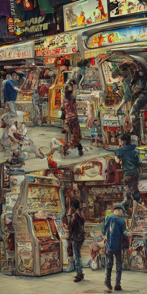 Image similar to oil painting scene from amusement arcade by kim jung gi