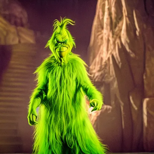 Image similar to The Grinch as Voldemort, high resolution photo, outfit photo pose