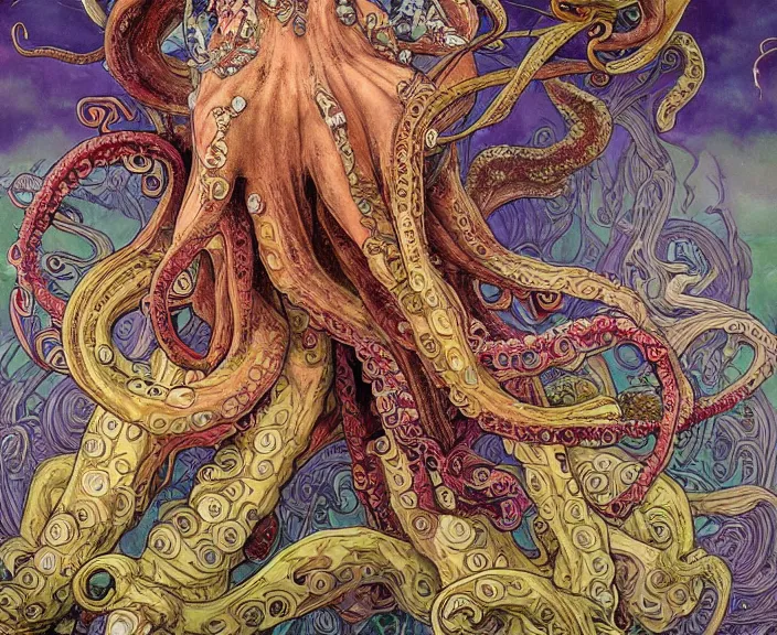 Image similar to portrait of an octopus goddess, full body shot, rule of thirds, wide angle, amazing landscape in background, fantasy, whimsical, horror, art by riot games and chengwei pan and josephine wall and amanda sage and alphonse mucha, intricately detailed, highly detailed, luxurious, elegant, clean, unsettling, trending on artstation