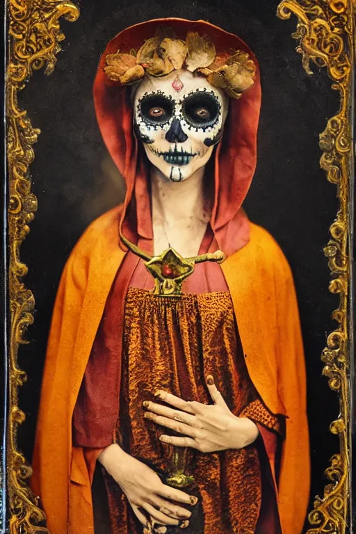 Prompt: tintype full body view, virgin mary in dia de muertos dress and make up, horrific beautiful vibe, evocative, atmospheric lighting, painted, intricate, highly detailed,