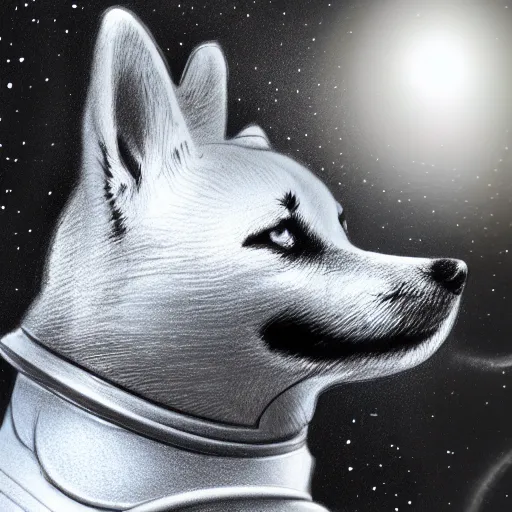 Image similar to a very detailed pencil drawing of a shiba inu in an astronaut suit in space 4 k, high resolution, still, landscape, hd, dslr, hyper realistic, sketch