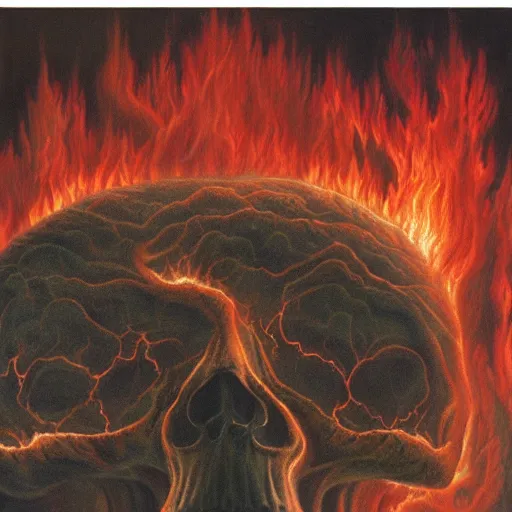 Prompt: an active supervolcano exploding with fire and thick smoke in the shape of a demonic skull, dan seagrave art