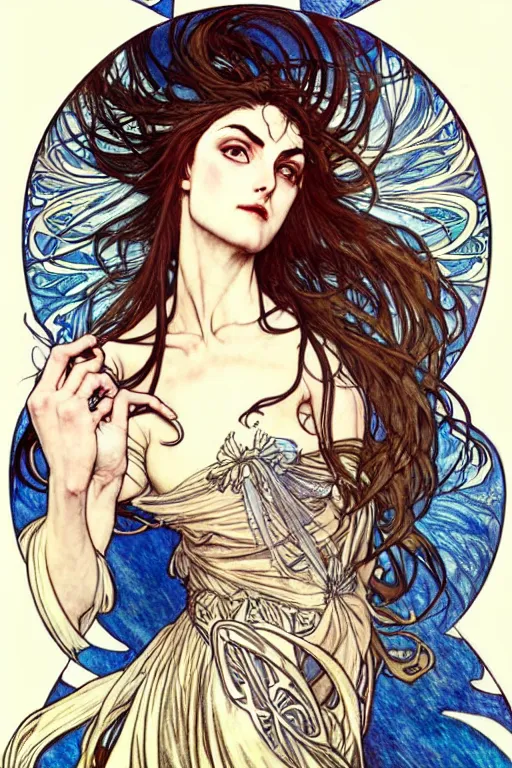 Image similar to in the style of artgerm, arthur rackham, alphonse mucha, phoebe tonkin, symmetrical eyes, symmetrical face, flowing blue skirt, hair blowing, intricate filagree, hidden hands, warm colors, cool offset colors