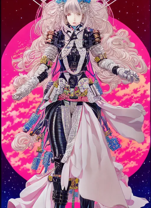 Image similar to highly detailed artstation katsuhiro otomo fluorescent fantastic fate manga poster of princess mechine, minaba hideo,, long hair, armor, laces, ruffles, 8 k, maximalist, art nouveau,