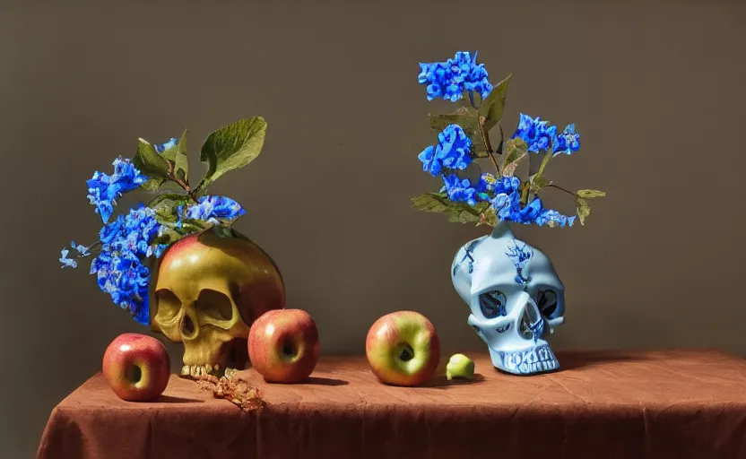 Image similar to Realistic still lifes photo studio, porcelain vase, apple, blue flowers, bottle of wine, skull, copper cup, golden hour 8k,High definition, ultra detailed