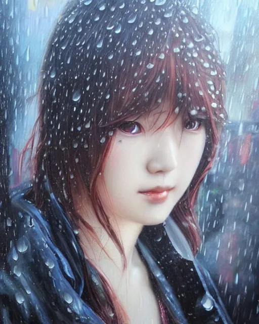 Prompt: beautiful oil painting of rain in akihabara by artgerm and chie yoshii, portrait, dramatic lighting