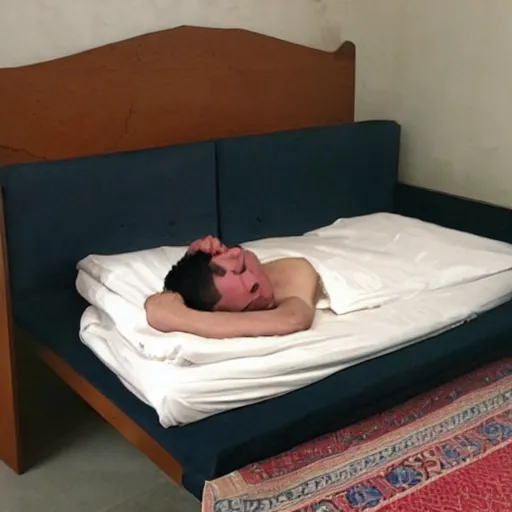 Prompt: ernest khalimov sleeping comfortably in his bed