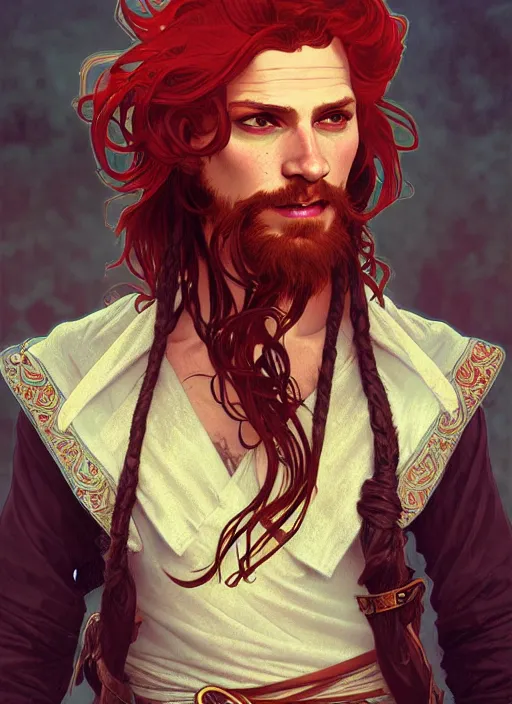 Image similar to portrait of a young ruggedly handsome but joyful pirate, male, masculine, full body, red hair, long hair, d & d, fantasy, intricate, elegant, highly detailed, digital painting, artstation, concept art, matte, sharp focus, illustration, art by alphonse mucha