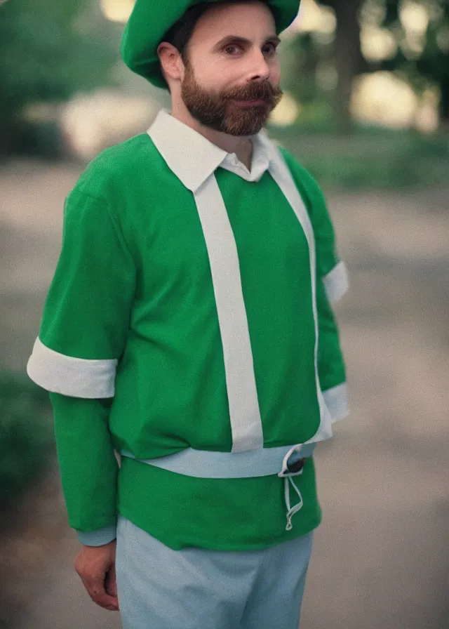 Image similar to portrait photo of charlie day dressed as luigi, cinestill 8 0 0 t, 8 5 mm f / 1. 8, bokeh, backlit