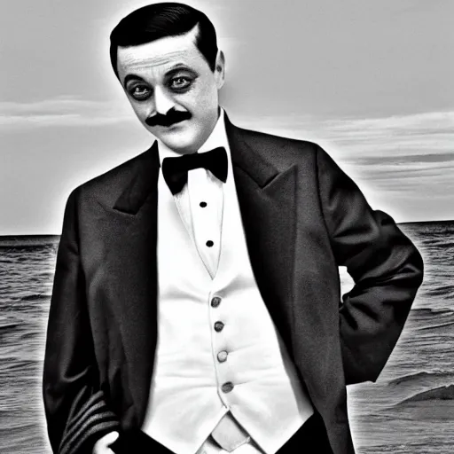 Image similar to b & w photo of gomez addams at the beach