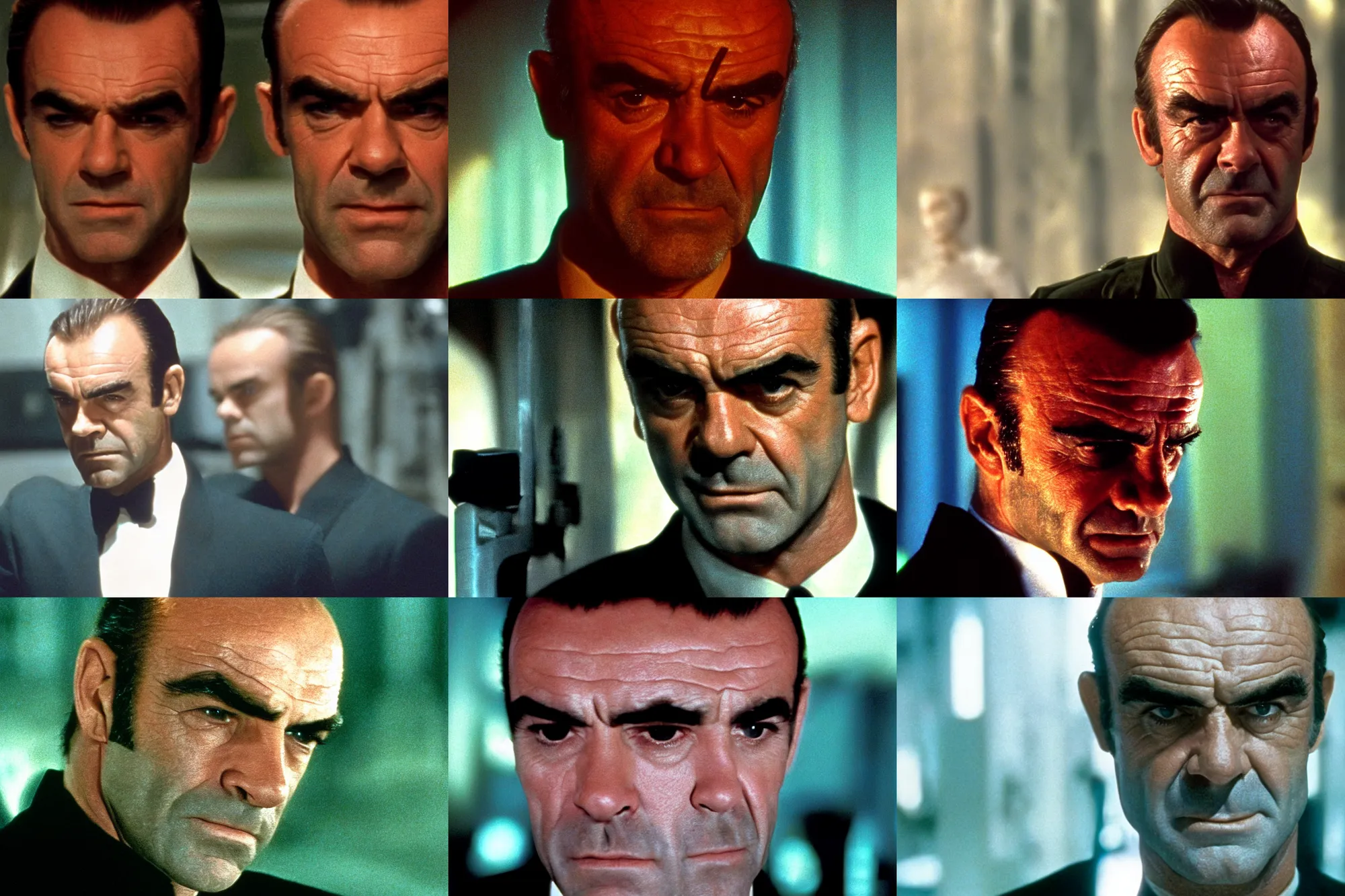 Prompt: a film still of Sean Connery as Agent Smith in The Matrix (1999), extreme closeup, dramatic lighting