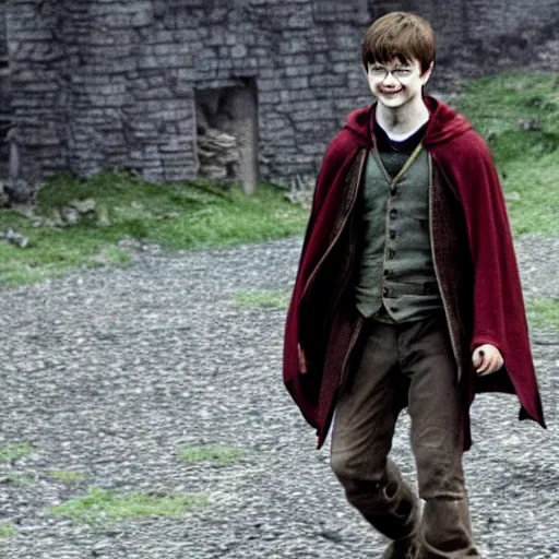 Prompt: daniel radcliffe as harry potter walking to mordor