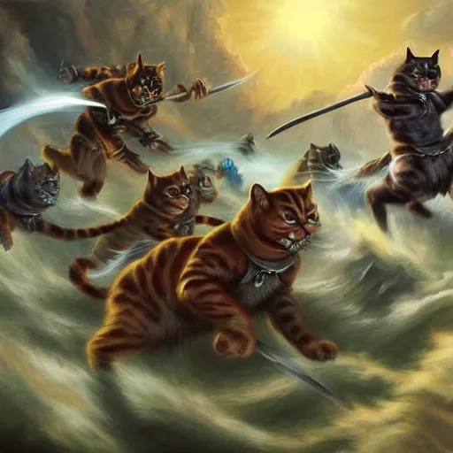 Image similar to cat warriors charging into battle fantasy painting heroic bearing by the best cat artist ever