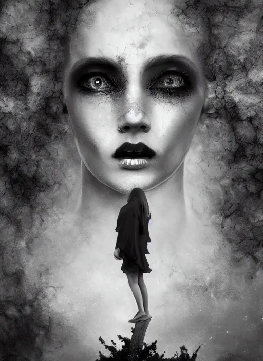 Prompt: dramatic matte portrait painting of woman with black mandelbrot fractal instead of face, horror, body horror, dark art, 4 k, detailed, realistic, psychotic, insane, crazy, mental illness, dramatic,