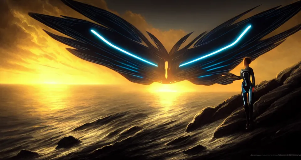 Image similar to tron legacy wings in front mind bending sunset, cliffside ocean scene, backlit, aesthetic, elegant, diffuse lighting, hyper realistic, elegant, intricate, hyper detailed, smooth, sharp focus, concept art, illustration, trending on artstation, art by artem demura, greg rutkowski, james gurney, and alphonse mucha