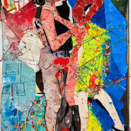 Image similar to two women kissing at a carnival in summer, mixed media collage, retro, paper collage, magazine collage, acrylic paint splatters, bauhaus, claymation, layered paper art, sapphic visual poetry expressing the utmost of desires by jackson pollock