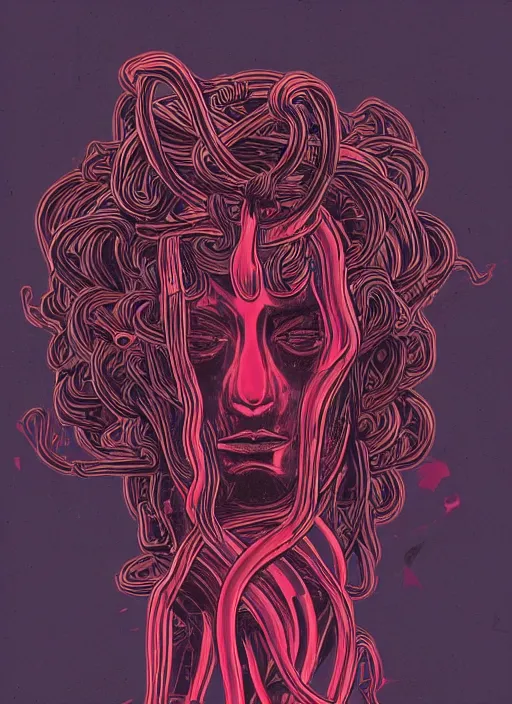 Image similar to dark design poster showing a statue of medusa, black background with very subtle red and purple design elements, powerful, nekro, vito acconci, thin straight lines, dark, glitch art, neo vaporwave, gritty, layout frame, square, trending on artstation