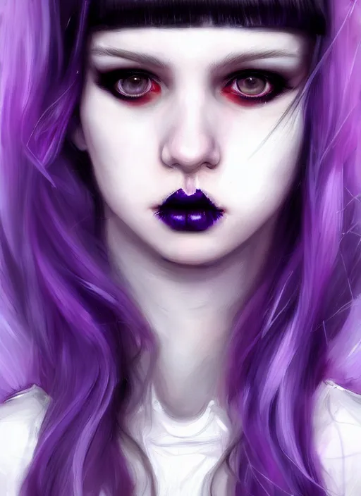 Image similar to portrait of white teenage girl, normal face, white bangs, mall goth, cyberlox, black and white hair, bangs, fluffy bangs, red contact lenses, purple lipstick, intricate, elegant, highly detailed, digital painting, artstation, concept art, sharp focus, smooth, illustration, art by wlop, mars ravelo and greg rutkowski