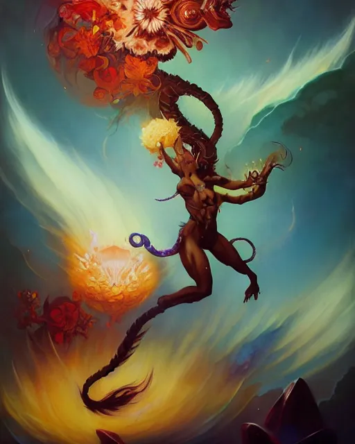 Prompt: aurelion sol, explosion of flowers, peter mohrbacher, frank frazetta