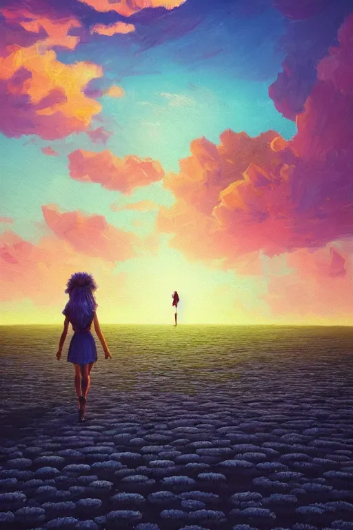 Image similar to giant daisy flower head, girl walking on salt flats mountains, surreal photography, sunrise, dramatic light, impressionist painting, colorful clouds, digital painting, artstation, simon stalenhag