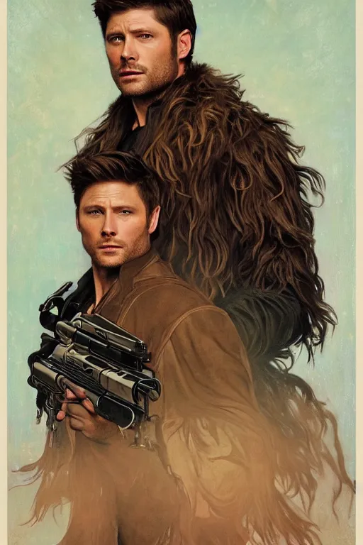 Image similar to a detailed matte portrait of an jensen ackles dressed as has solo and misha collins as chewbacca, masterpiece, 8 k, art by alphonse mucha and greg rutkowski