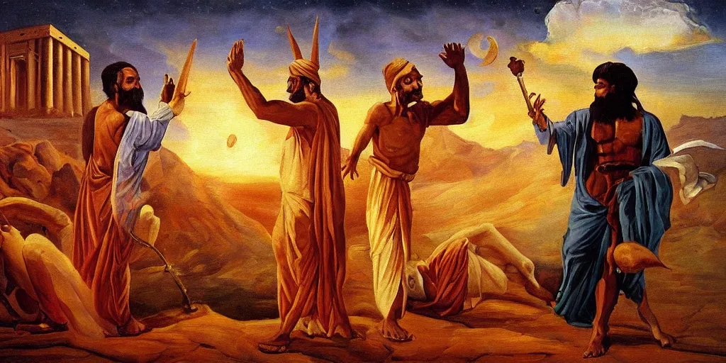 Prompt: prophet Moses vs pharaoh’s magicians, oil painting, cinematic, sunset, monsters, demons, pyramids