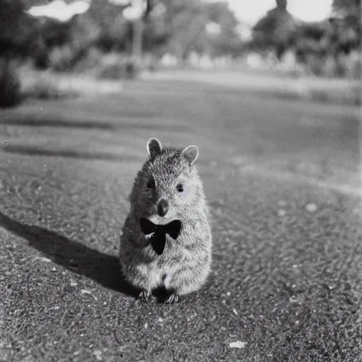 Image similar to a quokka wearing a tuxedo, antique black and white photograph