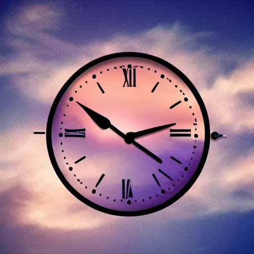 Prompt: a clock is flying above the sky, realistic