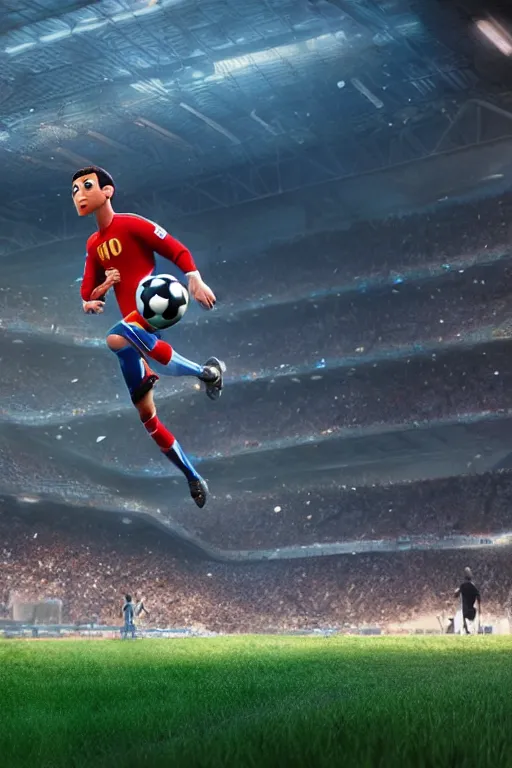 Image similar to pixar man cristiano ronaldo running from a soccer field | glamorous oily soft polished rich ornate modern | weta disney pixar movie still photo | hi - fructose, sci fi fantasy, smooth, octane render, sharp focus, artstation, concept art | artgerm, mucha, rutkowski, feng zhu, wlop, loish