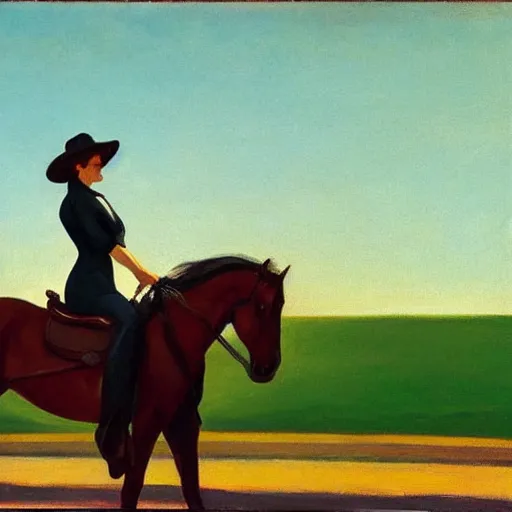 Image similar to Dolores in a cowboy hat on a horse, by Edward Hopper