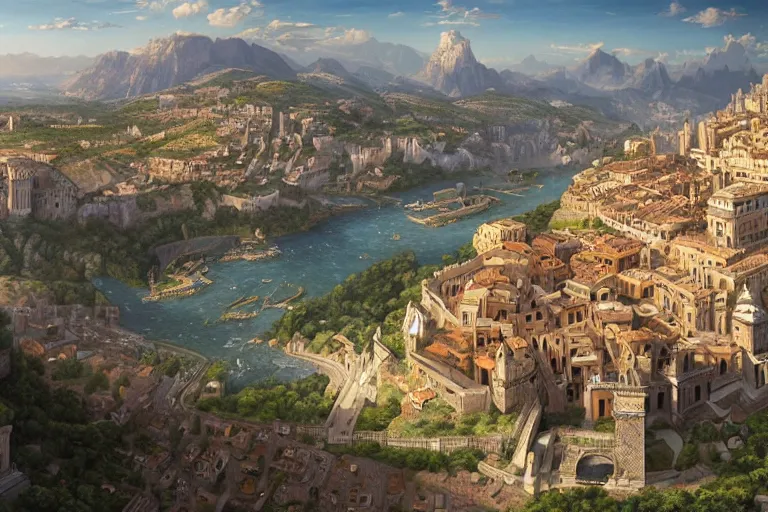 Image similar to an ultra detailed matte landscape painting of an italian renaissance capital city built on top of a large hill sweeping vista, italian renaissance architecture, ultrawide lense, aerial photography, 8 k, volumetric lighting, smooth, highly detailed, digital illustration, art by greg rutkowski and akira toriyama and artgerm