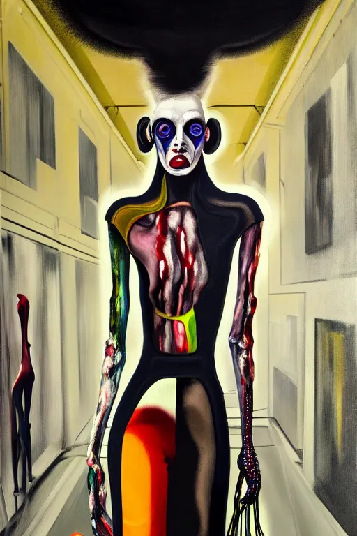 Image similar to crazy fashion catwalk, latex, constructivism, freak show, one model, crazy clothes, biopunk style, horror, hauntingly surreal, highly detailed painting by francis bacon, edward hopper, adrian ghenie, gerhard richter, and james jean 4 k