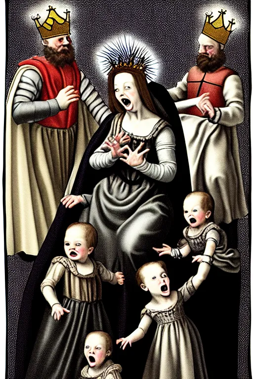 Image similar to renaissance style creepy family screaming, wearing a crown and a cape, dark background, atomic explosion