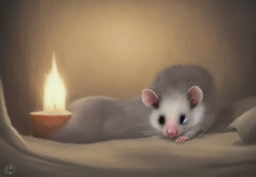 Image similar to cute possum in its pajamas sleeping in a bed in a medieval bedroom at night under the dim light of a candle, dark fantasy, dreaming illusion, trending on artstation