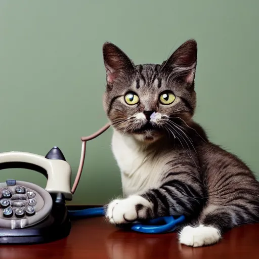 Image similar to photo of a cat laughing wide and hilariously into an old rotary phone that it is holding with its paw to its face. interior home office, at computer deist and keyboard and monitor, tec - supportt, it help, frustration, spilling coffee everywhere