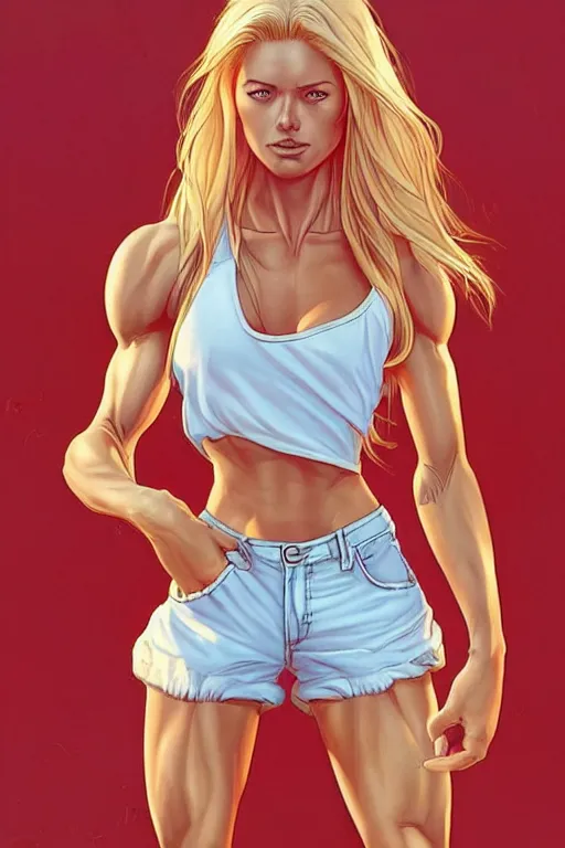 Prompt: a gorgeous muscular woman with very long hip-length blonde hair, wearing a cut-off white top and orange cut-off shorts standing by the water, in the style of artgerm and moebius and annie liebovitz, marvel comics, photorealistic, highly detailed, trending on artstation