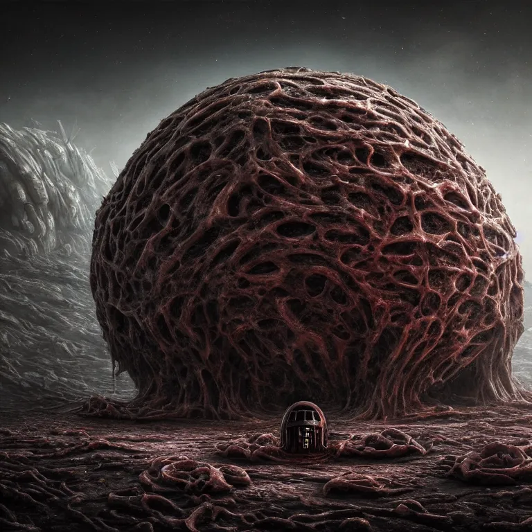 Image similar to ribbed surreal abandoned alien spaceship on exoplanet, covered in organic flesh meat in a desolate empty wasteland, creepy, nightmare, dream-like heavy atmosphere, surreal abandoned buildings, beautiful detailed intricate insanely detailed octane render trending on Artstation, 8K artistic photography, photorealistic, chiaroscuro, Raphael, Caravaggio, Beksinski, Giger