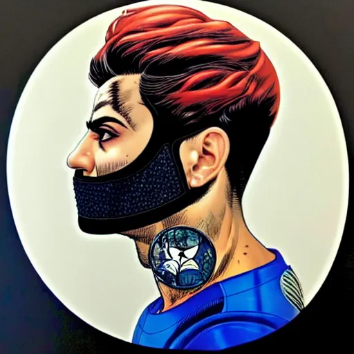 Image similar to a profile photo of a persian man with a diving oxygen mask with side profile blood in ocean intricate details by MARVEL comics and Sandra Chevrier-C