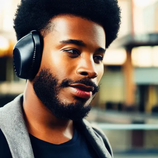 Image similar to portrait of black man with afro wearing headphones, looking cool, hd