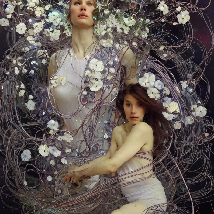 Prompt: hyperrealist portrait of a 2 0 4 4 space sport engineer, it is decorated with long wires and white petals that fall like vines and wears a huge computer crown. by jeremy mann and alphonse mucha, fantasy art, photo realistic, dynamic lighting, artstation, poster, volumetric lighting, dramatic light, very detailed faces, 8 k, award winning