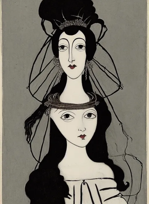 Image similar to portrait of young woman in renaissance dress and renaissance headdress, art by aubrey beardsley